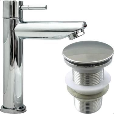 Imagem de Dona D Cor, Kit Torneira Bica Baixa Inox 304 Cromado e Válvula Click 1 1/4 Ralo Pia Banheiro Torneira Fria Simples 1/4 De Volta Ralo Escoamento Cuba Lavatorio 4cm