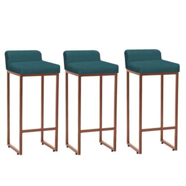 Imagem de Kit 03 Banqueta Alta Mia Cozinha Bistrô Bar Balcão Ferro Bronze Suede Azul Turquesa
