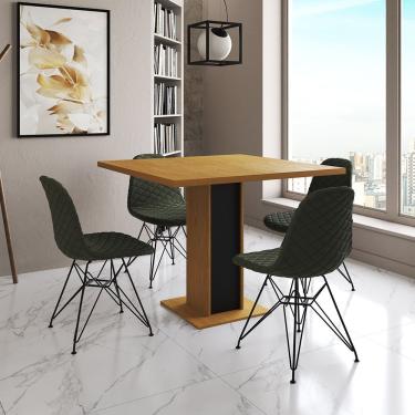 Imagem de Mesa Jantar Londres Quadrada Canela 90Cm Base Preta 4 Cadeiras Eames Estofadas Verde Ferro Preto