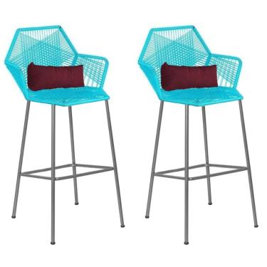 Imagem de Kit 02 Banqueta Alta Com Encosto Sttar Ferro Prata Fibra Azul Turquesa Almofada Suede Bordô