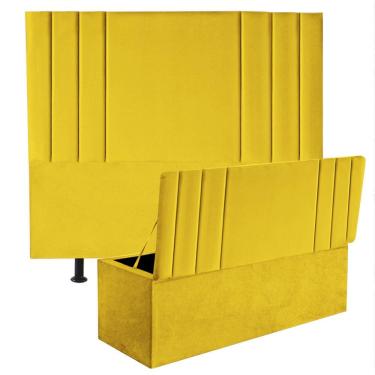 Imagem de Kit Cabeceira Estofada E Calçadeira Baú Recamier Grécia 140Cm Casal Padrão Corino Amarelo