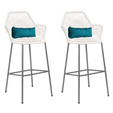 Imagem de Kit 02 Banqueta Alta Sttar Ferro Prata Fibra Branco Almofada Suede Azul Turquesa - Amey Decor