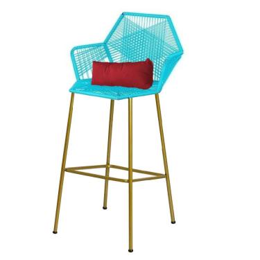 Imagem de Banqueta Alta Sttar Ferro Dourado Fibra Azul Turquesa Almofada Corino Vermelho - Amey Decor