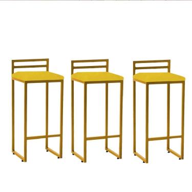 Imagem de Kit 03 Banqueta Alta Com Encosto Petra Balcão Bar Cozinha Bistrô Ferro Dourado Suede Amarelo