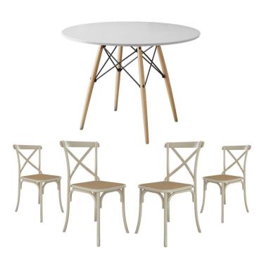 Imagem de Jogo De Mesa Eiffel Redondo Tampo De Madeira 110Cm Branco Com 4 Cadeiras Katrina Off Whiteo B