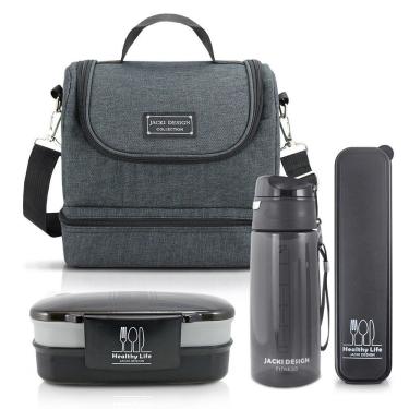 Imagem de Kit Fitness Bolsa Térmica C- 2 Compartimentos e Marmita 2 Andares Com Garrafa E Porta Talher Preta