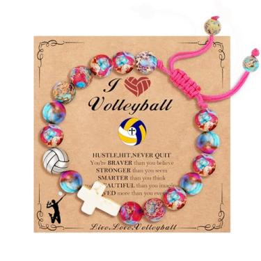 Imagem de DORANA Beisebol/futebol/voleibol/basquete/softbol/futebol presentes esportivos para meninas adolescentes pedras naturais contas cruz pulseiras cristãs religiosas presente de dia de jogo, Adjustable