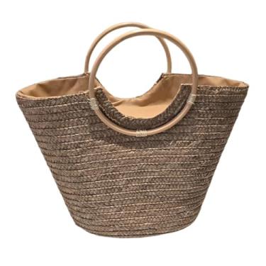 Imagem de Bolsa de Praia Cesta Grande com Alça de Madeira, 39 x 29 x 16 cm, Palha Trançada, Bege