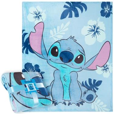 Imagem de Disney Stitch Cobertor de cama de lã macio aconchegante decoração de quarto edredom de pelúcia 150 x 130 cm para quarto, viagem, festa do pijama, presentes de ponto (ponto azul claro)