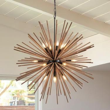 Imagem de lighceac Lustre Sputnik De 37,4" Estilo Fazenda Para Sala Jantar, Rústico, Feito À Mão, Madeira Natural, Com 18 Lâmpadas, Pendente Teto, Em Forma Estrela, Cozinha, Quarto, Hall Entrada, Corredor