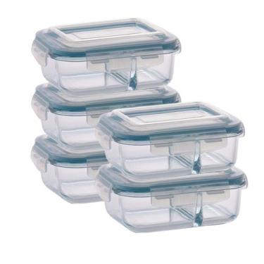 Imagem de Kit 5 Pote de Vidro Hermético Com Divisoria 640ml Marmita - QUALITY HO