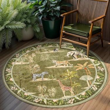 Imagem de jinchan Tapete redondo com estampa de animais da selva verde de 1,5 m, lavável à máquina, círculo de 1,5 m, moderno, macio, antiderrapante, tapete de área de plantas, ultrafino, para entrada, quarto