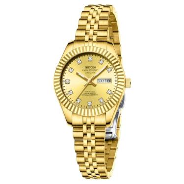 Imagem de NIBOSI Relógios femininos analógicos de quartzo de aço inoxidável com data luminosa à prova d'água delicada, clássico, luxuoso, diamante, elegante, relógio feminino para pulsos pequenos, Todo dourado.