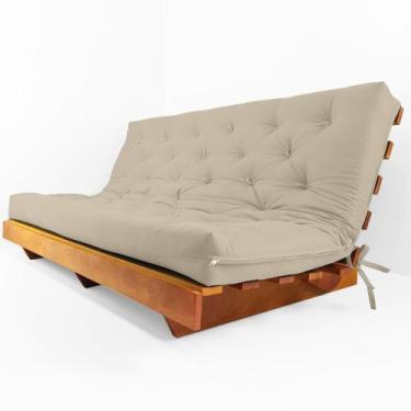 Imagem de Sofá Cama Futon L Sarja Bege em Madeira Nobre Maciça - R9 Design Futon