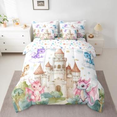 Imagem de Jogo de cama solteiro com estampa de dragão, castelo de dragão, 7 peças, lençol com elástico, lençol com elástico, 7 peças, lençol com elástico e fronhas