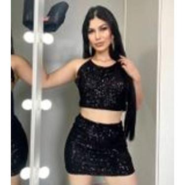 Imagem de Conjunto paetê saia e cropped look festa balada elegante g - BY