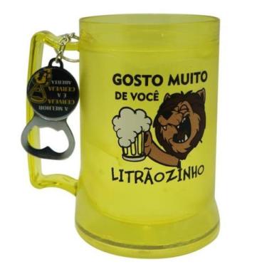 Imagem de Caneca com Gel Congelante Amarelo Litrãozinho + Brinde Abridor 400ml -