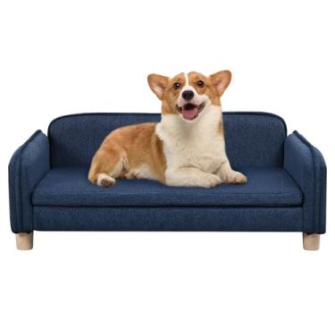 Imagem de Cama grande para cães - Sofá para animais de estimação com moldura de madeira, almofada lavável, sofá de tecido de linho para cães e cadeira para descanso médio para animais de estimação. (azul)