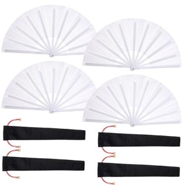 Imagem de Nydotd 4 pacotes de leques grandes de rave leques dobráveis de mão pano de nylon dobrável com manga de suporte para homens e mulheres dança chinês Kung Fu Tai Chi decorações festa (branco, grande)