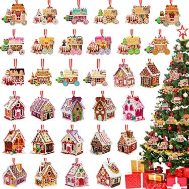 Imagem de 32 peças de enfeites de árvore de Natal ornamentos de madeira de hortelã-pimenta, doces coloridos, pirulito, casa de biscoito de gengibre, trem plano, enfeites de madeira para festa de doces decoração de árvore de Natal