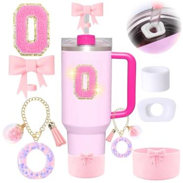 Imagem de 6 peças de acessórios rosa para copo Stanley, decorações para copo de 30/1,134 g com alça, inclui tampa e bota de cobertura de palha de laço, pingente de iniciais, adesivo de letra, tampa à prova de