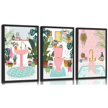 Imagem de 3 peças de arte de parede em tela de planta de banheira rosa maximalista botânico pôsteres de banheiro impressões pinturas rosa pia de banheiro decoração de parede imagens para banheiro arte decoração