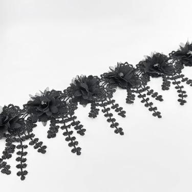 Imagem de 2 jardas flor branca pérola contas borda acabamento fita apliques florais tecido renda costura renda para casamento vestido de noiva roupas fantasia chapéu decoração (preto, 2 jardas)