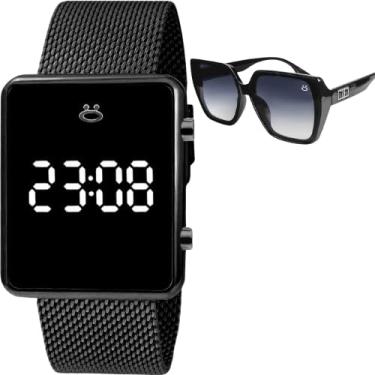Imagem de Kit Feminino Maria Relogio Digital Preto Pulseira Silicone Oculos Sol Lente Uv Armacao Acetato Caixa Premium Estilo Moderno Sofisticado