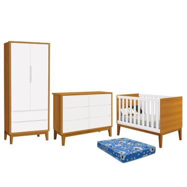 Imagem de Dormitório Infantil Classic 2 Portas, Cômoda 6 Gavetas, Berço com Pés Amadeirado e Colchão - Reller Móveis Branco/Savana