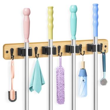Imagem de IMILLET Suporte de parede para vassoura, cabide de vassoura de bambu com 4 racks, 5 ganchos, suporte de esfregão e vassoura autoadesivo, organização doméstica e armazenamento para lavanderia, armário