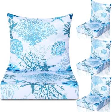 Imagem de Hoteam Conjunto de 4 almofadas de assento profundo à prova d'água para cadeira ao ar livre, 50 x 50 cm para conjunto de móveis de pátio, assento removível e encosto (oceano)