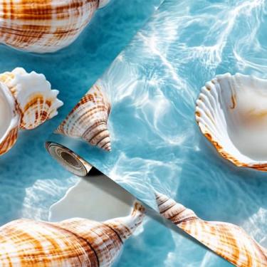 Imagem de HOMETITUTE Papel de parede de praia descascar e colar papel de parede concha e estrela-do-mar papel de parede de vinil autoadesivo removível adesivo de parede oceano para banheiro decoração costeira