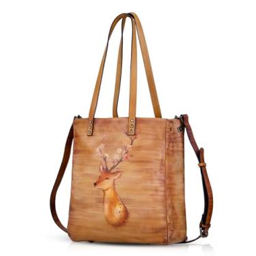 Imagem de Bolsa feminina de couro legítimo, bolsa tiracolo macia de grande capacidade, bolsa de ombro impressa à mão, bolsa de compras