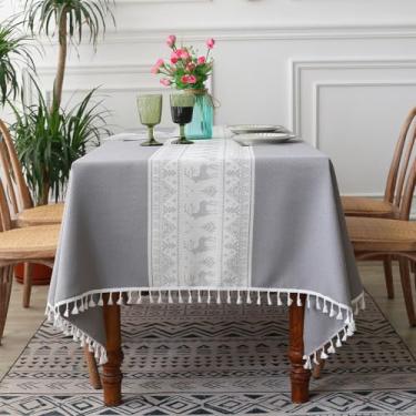 Imagem de KAIJIE Toalha de mesa retangular de primavera verão estampa quadriculada estilo nórdico toalha de mesa de algodão e linho para refeições tapete de mesa com borlas 39 x 63"/100 x 160 cm A-branco-cinza