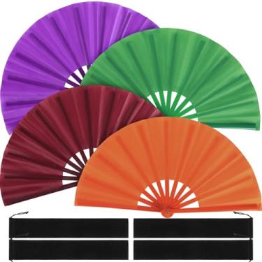 Imagem de Blulu 4 peças grandes de leques dobráveis para dança em linha, grandes de seda, palmas à mão, para botas de dança no chão, decoração de festa (estilo clássico, cor retrô, 28 cm)