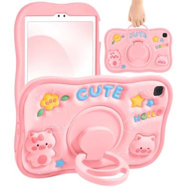 Imagem de Wazzasoft Capa para Samsung Galaxy Tab A7 Lite 22.1 cm – lindas garotas Kawaii femininas com alça giratória de 360 graus porco lindo design 3D de silicone para Galaxy A7 Lite 2021 SM-T220/T225/T227