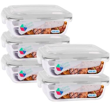 Imagem de Jogo 5 Potes Marmitas Fitness 640ml Vidro Retangular Tampa Hermetico