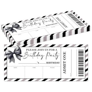 Imagem de Convites de ingressos de festa de aniversário Bow para crianças, meninas, meninos, convites de aniversário pretos para adolescentes, 20 cartões de convite com envelopes, decorações de lembrancinhas de