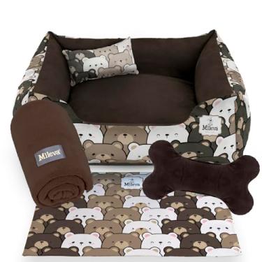 Imagem de Cama Pet Camurça + manta + Brinquedo Ossinho + Tapetinho Estampado 05 Peças - Ursos - Premium 1 (60x60 cm, Ursinho Ternura)