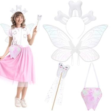 Imagem de GANSHAYA Conjunto de fantasia de fada de Halloween, 4 peças, asas de borboleta, saco cintilante, varinha mágica, faixa de cabeça para mulheres adultas, festa de Halloween, cosplay, roupa de vestir