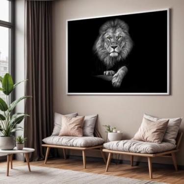 Imagem de Quadro com Moldura Sala Quarto Leão Preto e Branco Olho Verde Decorativo Horizontal Grande Hall