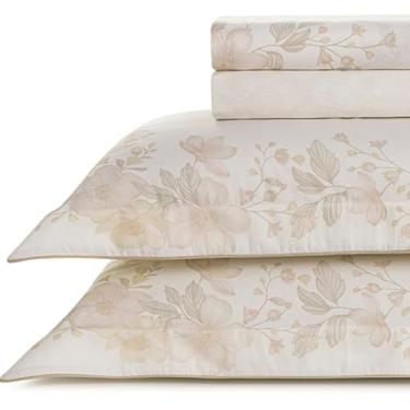 Imagem de Jogo de Lençol King Karsten Percal 300 Fios 100% Algodão Egípcio Estampado Cama Dobra Feita 4 Peças (Mariah - Flores Marfim)