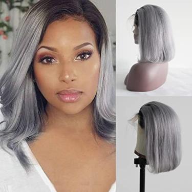 Imagem de Aprilhair Pré-arrancadas 1B/Cinza Bob Lace Front Wigs Liso Sem Cola 130% Densidade Corte Curto Cabelo Humano Virgem Brasileiro Com Cabelo de Bebê Completo e Grosso Parte Livre 30 cm