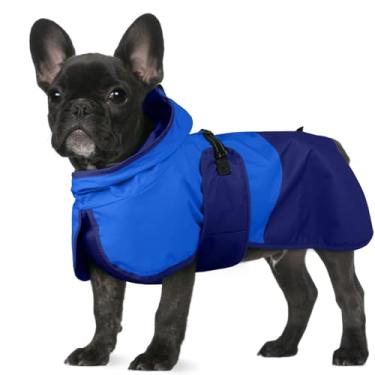 Imagem de BRKURLEG Capa de chuva ajustável para cães com capuz jaqueta impermeável à prova de chuva com furo para coleira poncho para animais de estimação capa de chuva com faixa refletiva, azul, P