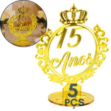 Imagem de 5 Pçs Centro Mesa Topo Bolo 15 Anos Festa Debutante Dourado Coroa Deco