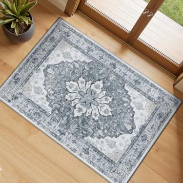 Imagem de RELEANY Tapetes de área de 6 x 7 cm lavável, antiderrapante, estampa floral, vintage, tapete medalhão para sala de estar, quarto, sala de jantar, cinza claro, cinza e branco