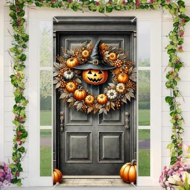 Imagem de BlissYard Capa de porta de guirlanda de abóbora de Halloween, 89 x 188 cm, faixa de porta de chapéu de bruxa assustadora, decorações de outono e outono, portas de tecido de poliéster, mural, decoração