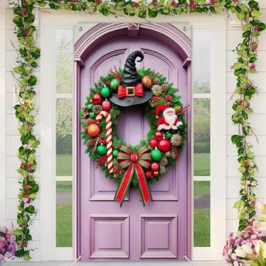 Imagem de BlissYard Capa de porta de Natal, faixa de guirlanda de 89 x 188 cm com chapéu de feiticeiro, bengala de Papai Noel, vermelho, verde, dourado, decoração de fundo de entrada de férias, varanda frontal
