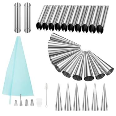Imagem de 35 peças de molde de chifre de creme de aço inoxidável, kits de tubos de forma cannoli com escova de limpeza antiaderente, reutilizável, em forma de cone, forma tubular, cannoli, ferramenta para rolo