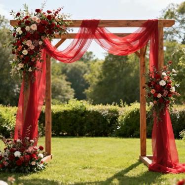 Imagem de Jevix Tecido drapeado para arco de casamento 73,7 cm x 45,7 m, cortina exterior de chiffon transparente vermelho para decoração de festa de casamento aniversário cerimônia (1 painel, 73,7 cm x 18 pés